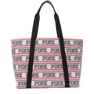 PINK Victoria's Secret Striped Logo Tote - Black and Pink